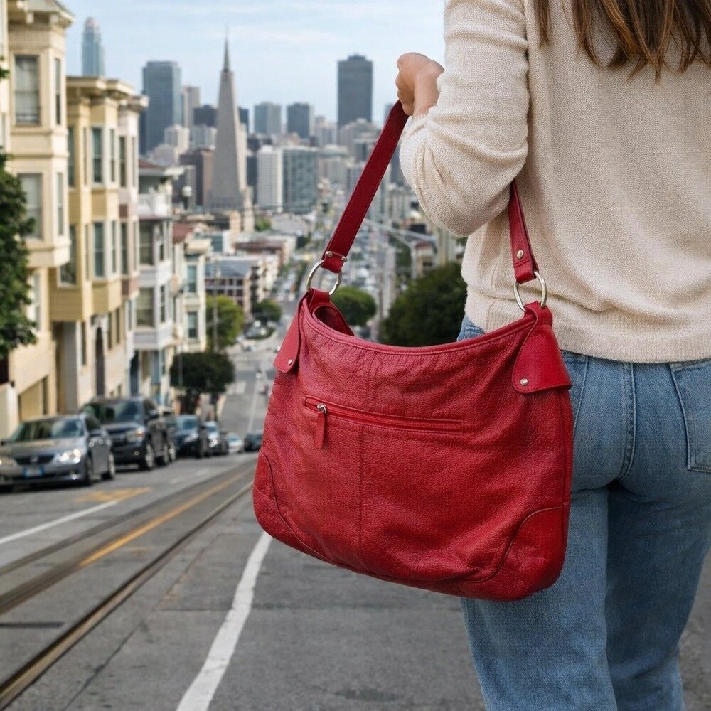 Barney's New York Pebbled Leather Handbag Red Purse Bag Slouchy Casual Strap